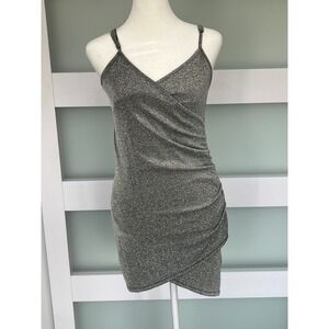 Ninexis Silver Metallic Ruched Bodycon Wrap Mini Dress Spaghetti Strap night out